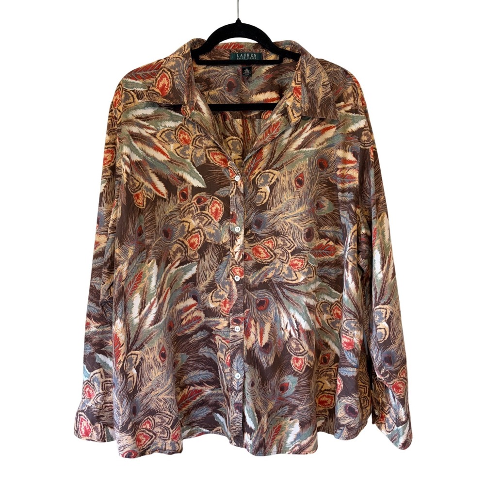 Ralph Lauren Peacock Feather Boho Button Down Shirt Cotton Blouse Plus Size 3X